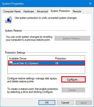 System Properties configure protection