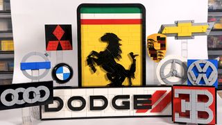 Car logos including the Volvo, Ferrari and BMW logo made from Lego