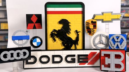 Car logos including the Volvo, Ferrari and BMW logo made from Lego