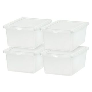 Iris Usa 17 Quarts Plastic Storage Container Bin With Latching Lid, 4 Pack, Nestable Box Tote Closet Game Organization Teacher Tools Art Supplies Shoe Shoebox Stackable