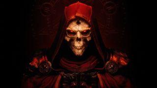 A skeleton wearing a robe on the cover of Diablo 2: Resurrected's cover art 