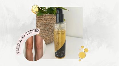 Image of St Tropez Luxe Body Serum with circular before and after pictures of the tan on the legs, on a white background with pink tried and tested banner and oil drops