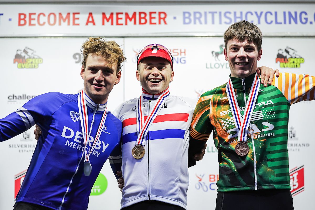 Picture by Alex Whitehead/SWpix.com - 12/01/2024 - Cycling - British Cycling Lloyds Cyclo-cross National Championships 2025 - Cyclopark, Gravesend, Kent - Elite Open Podium - Cameron Mason (Seven Racing) on the podium receiving the Gold Medal to become National Champion, Ben Chilton (Derby Mercury RC) receiving the Silver Medal and Daniel Barnes (Spectra Racing p/b DAS) receiving the Bronze Medal