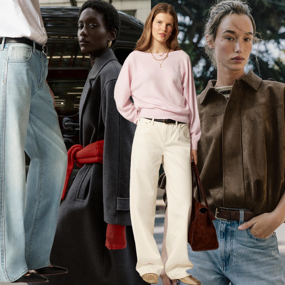 a fashion collage featuring items from the latest fall collections at Zara, J.Crew, and Gap including jeans, a gray coat, light pink sweater, and a brown suede jacket