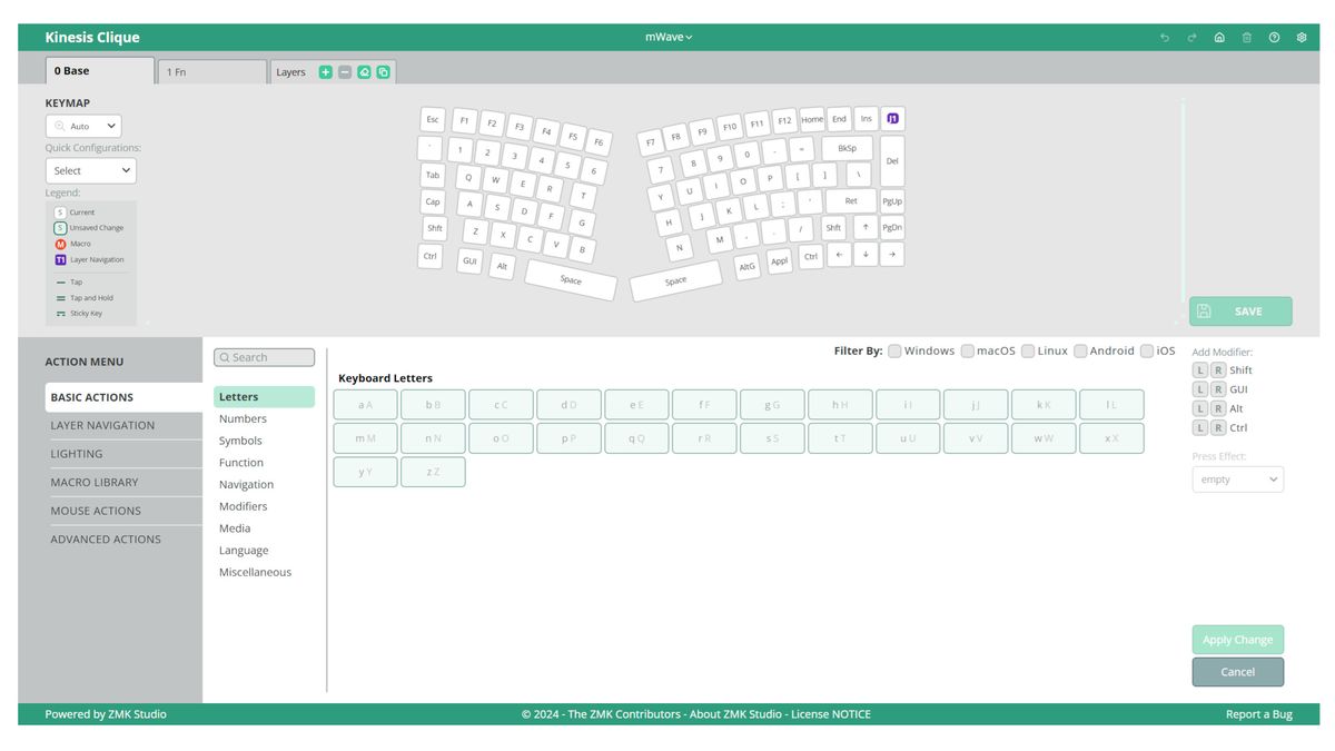 A screenshot of Kinesis' Clique keyboard browser-based software