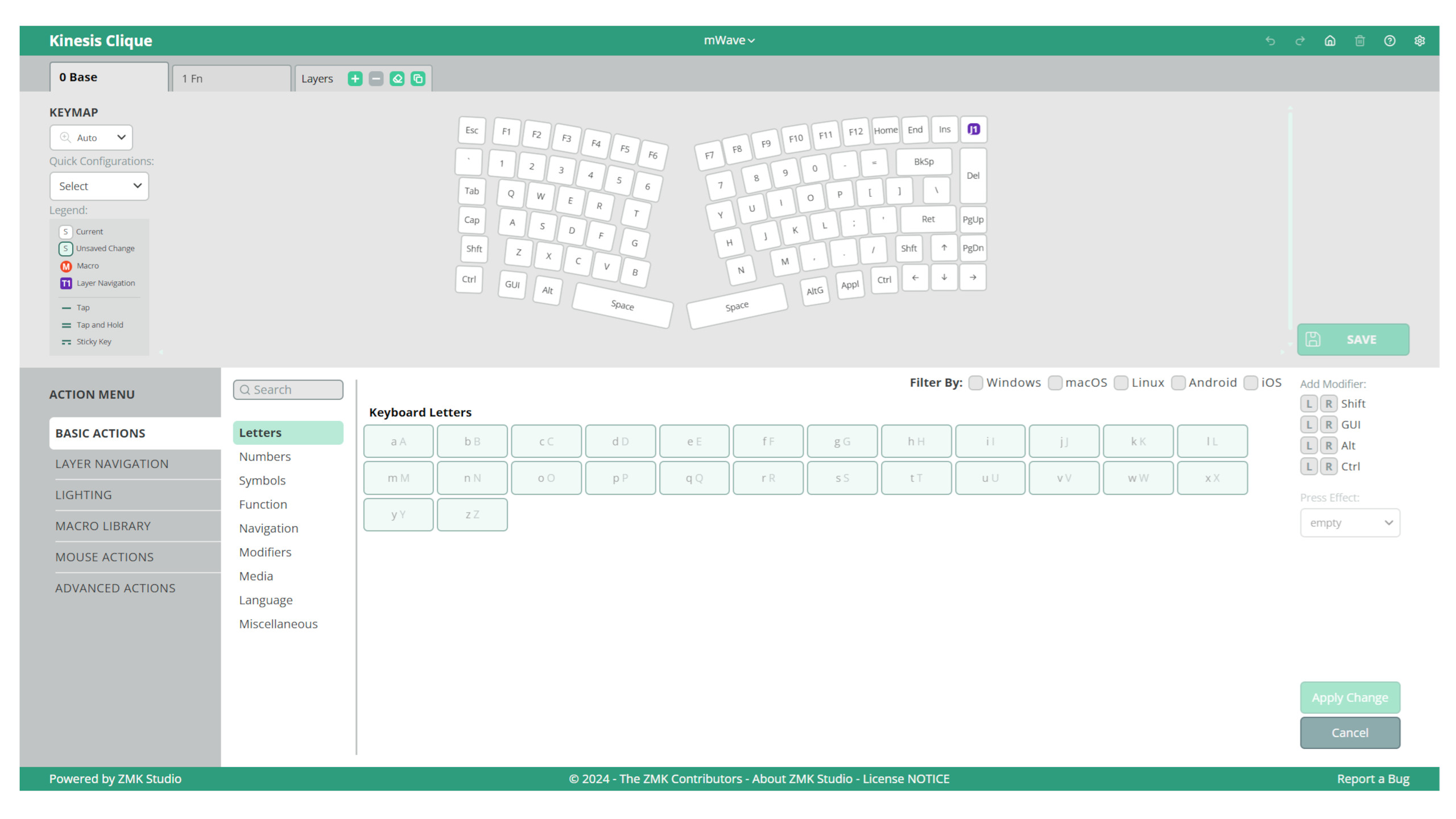 A screenshot of Kinesis' Clique keyboard browser-based software
