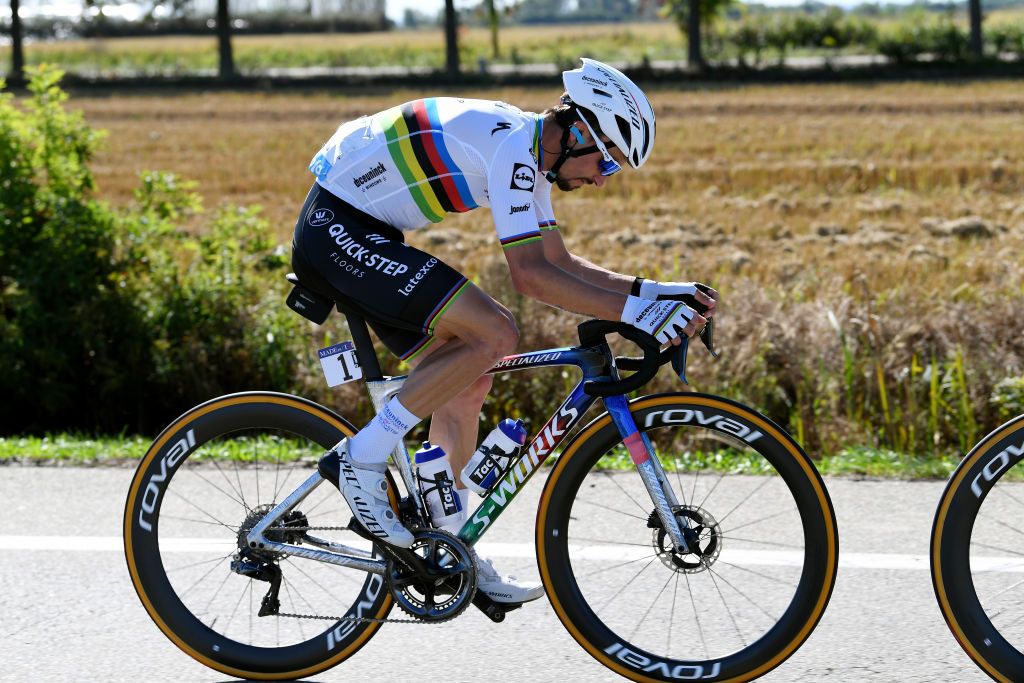 MILAN ITALY OCTOBER 06 Julian Alaphilippe of France and Team Deceuninck QuickStep competes during the 102nd MilanoTorino 2021 a 190km race from Magenta to Torino Superga 669m MilanoTorino on October 06 2021 in Milan Italy Photo by Tim de WaeleGetty Images