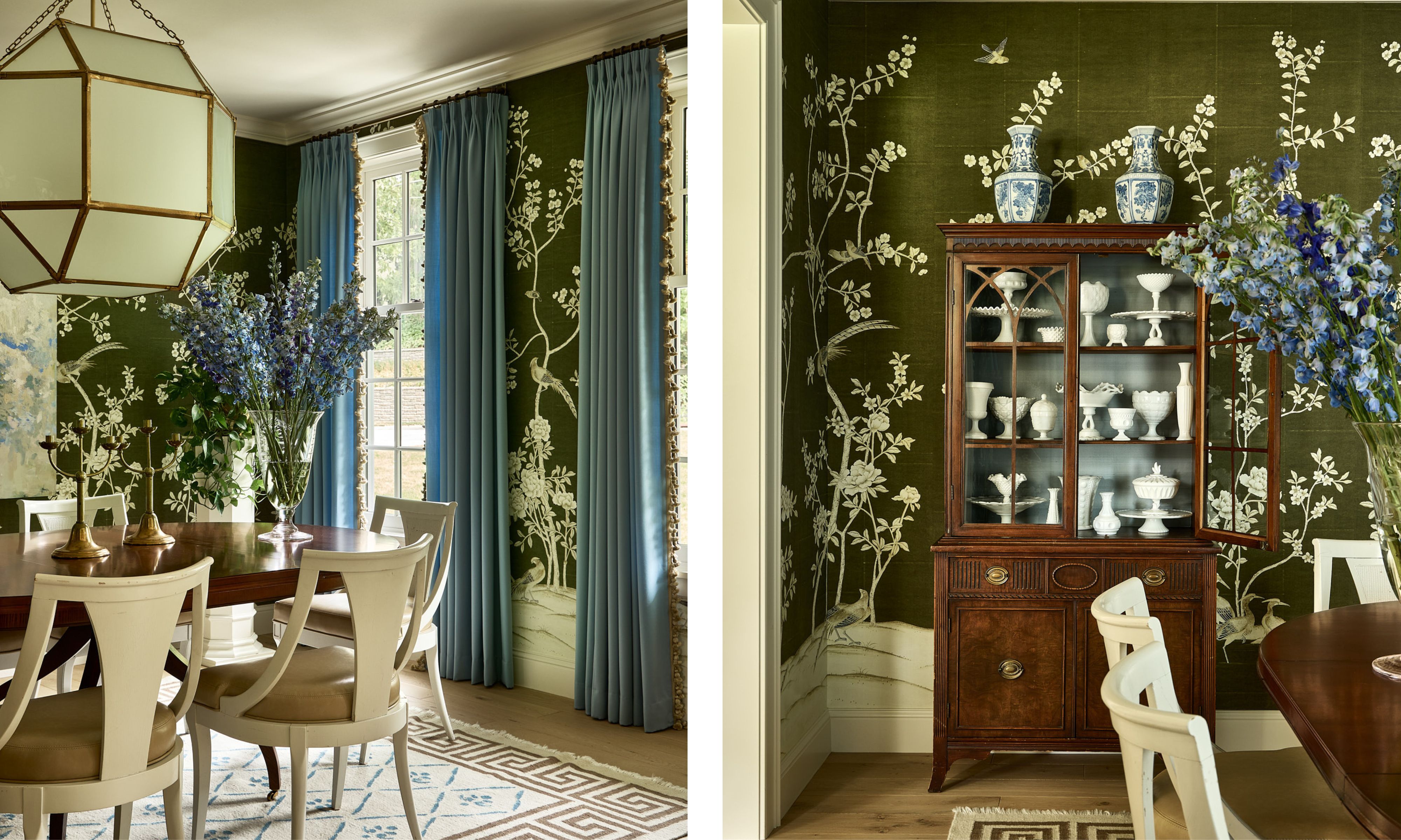 Two images of a dining room with a green floral wall mural, a dark wood dining table, vintage chairs, powder blue curtains, and a large vase of blue flowers on the table.
