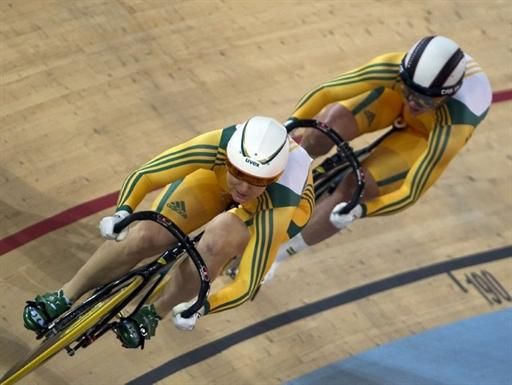 Australia's Anna Meares and Kaarle Mcculloch en route to gold in the team sprint.