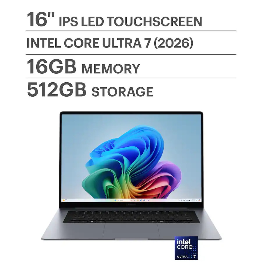 16-inch laptop with IPS LED touchscreen displaying colorful graphics, featuring Intel Core Ultra 7, 16GB memory, and 512GB storage.
