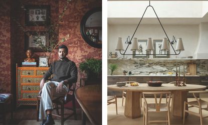 A diptych, featuring Ananth Ramaswamy sitting amongst the antique furniture and intricate wallpaper of a red room on the left, and a long shot of a rustic kitchen with a large, statement chandelier on the right.