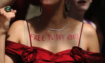 Supporters of the jailed feminist punk band Pussy Riot demonstrate outside the Russian embassy in London on Aug. 17. Three members of the band were found guilty of hooliganism on Friday for a