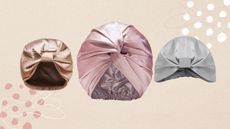 a beige backdrop containing images of three silk hair wraps, one in gold, one in pink, one in silver, with polka dots and illustrative doodles beside them