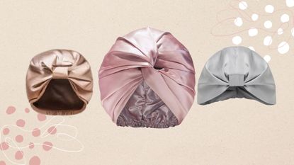 a beige backdrop containing images of three silk hair wraps, one in gold, one in pink, one in silver, with polka dots and illustrative doodles beside them