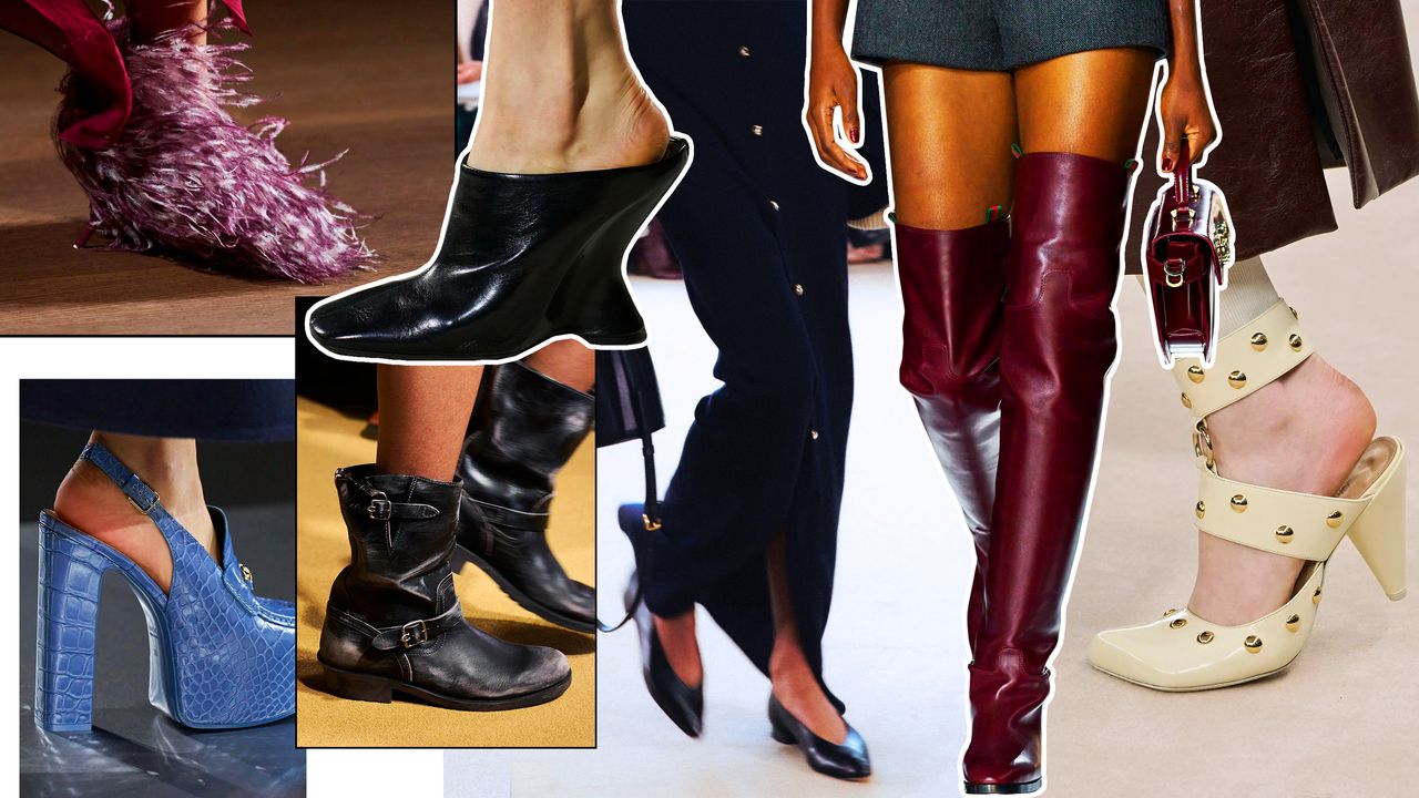 a compilation of fall 2024 shoe trends from brands like Ferragamo, Gucci, Coach, Atluzzara, Chloe