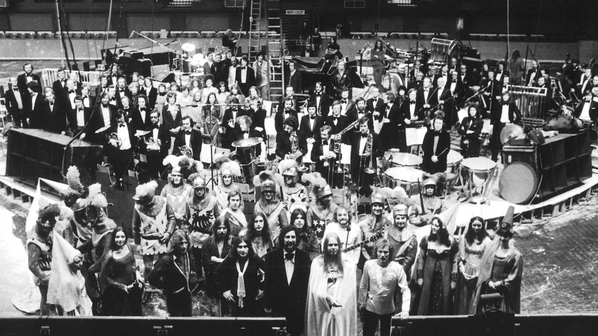 The cast, crew and band members for Rick Wakeman&#039;s King Arthur on Ice stage show, Wembley Empire Pool, London, May 1975