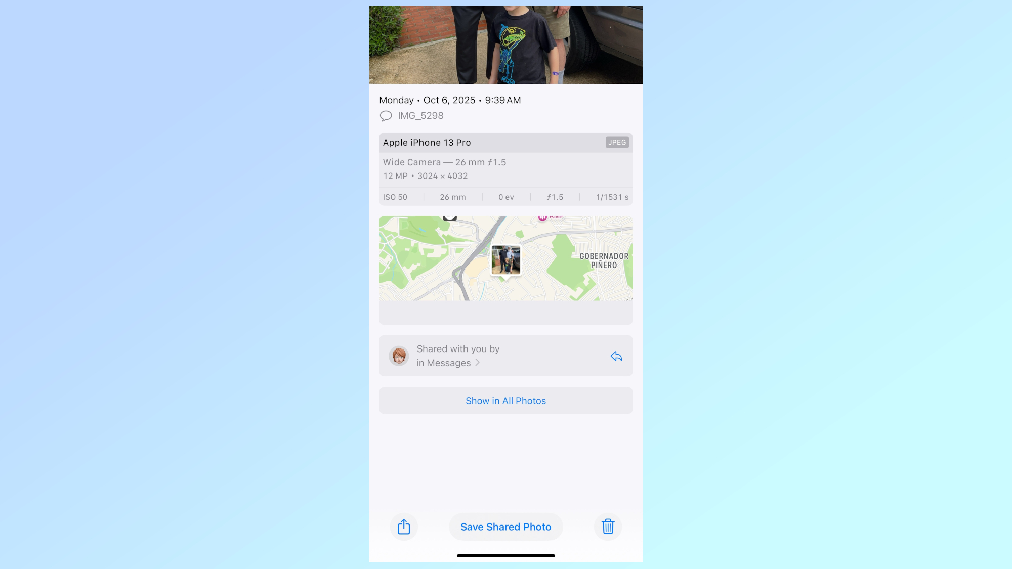 A shared image sent from an iPhone with location data embedded