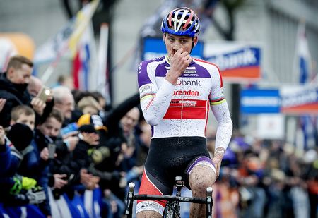 Mathieu van der Poel reacts as he finishes first at the Dutch national championship cyclocross cycling race in Sint-Michielsgeste