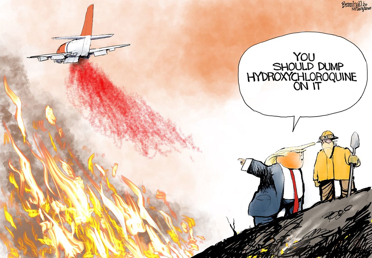 Political Cartoon U.S. Trump wildfires COVID hydroxychloroquine