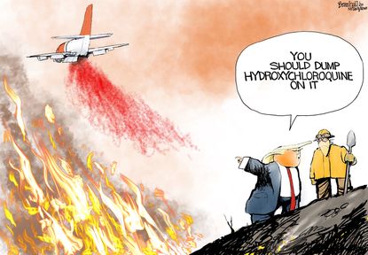 Political Cartoon U.S. Trump wildfires COVID hydroxychloroquine