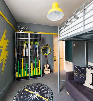childrens' room with bunk beds, grey walls, with lighting strike and metal wardrobe