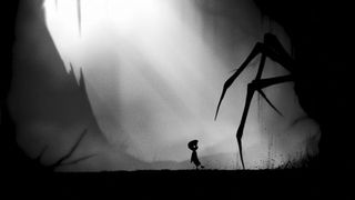 Huvudkaraktären i Limbo vandrar ensam genom en dimmig, mörk miljö och möts av ett par enorma spindelben.