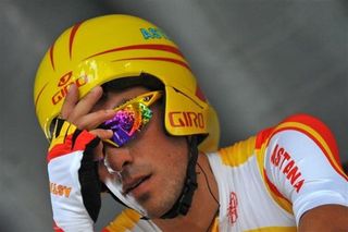 2007 Tour de France champion Alberto Contador (Astana) prepares to start his time trial.