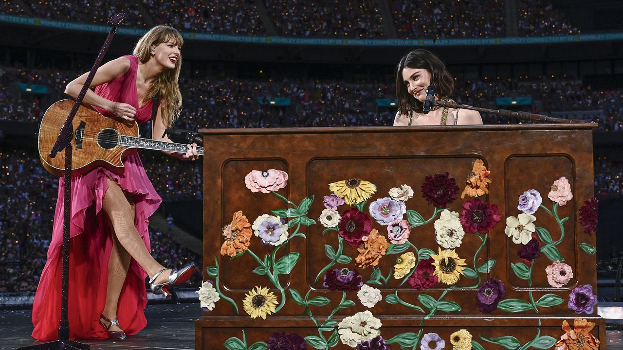 Taylor Swift and Gracie Abrams performing together on the Eras Tour.