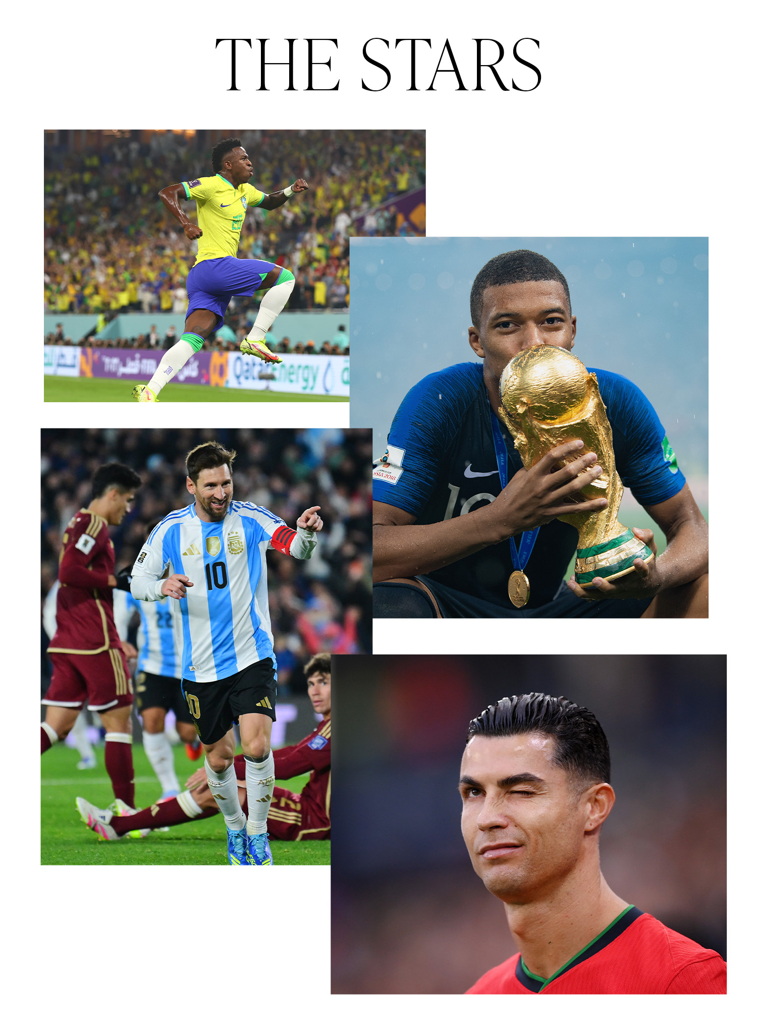 A slide titled, "The Stars," with pictures of Vicinius Junior, Kylian Mbapp&amp;eacute;, Lionel Messi, and Cristiano Ronaldo.