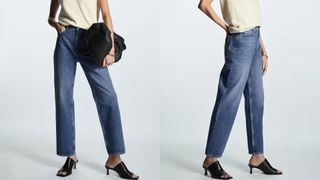 composite of model wearing mid wash blue straight leg jeans from cos