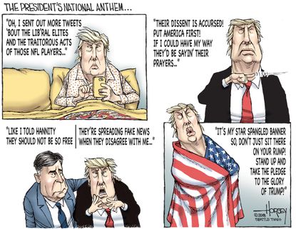 Political Cartoon U.S. Trump National Anthem tweets NFL kneeling Sean Hannity