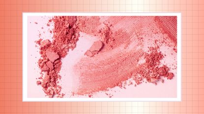Pink/ coral blush powder smudged and broken up on a pink backdrop/ in a pink and orange check template