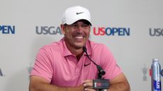 Brooks Koepka talking with the media ahead of the 2026 US Open at Shinnecock Hills