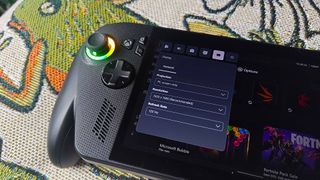 Close up of ROG Xbox Ally X handheld with Display Game Bar widget open.