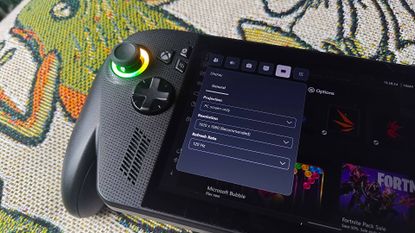 Close up of ROG Xbox Ally X handheld with Display Game Bar widget open.