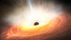 Side view of a galaxy&rsquo;s active centre blasting out a strong wind of gas in all directions, shown as yellowish-white streaks. 