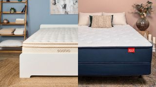 The Saatva Classic mattress on a bed frame directly next to the Big Fig mattress