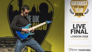 Gabriel Cyr performing live at the UK Guitar Show