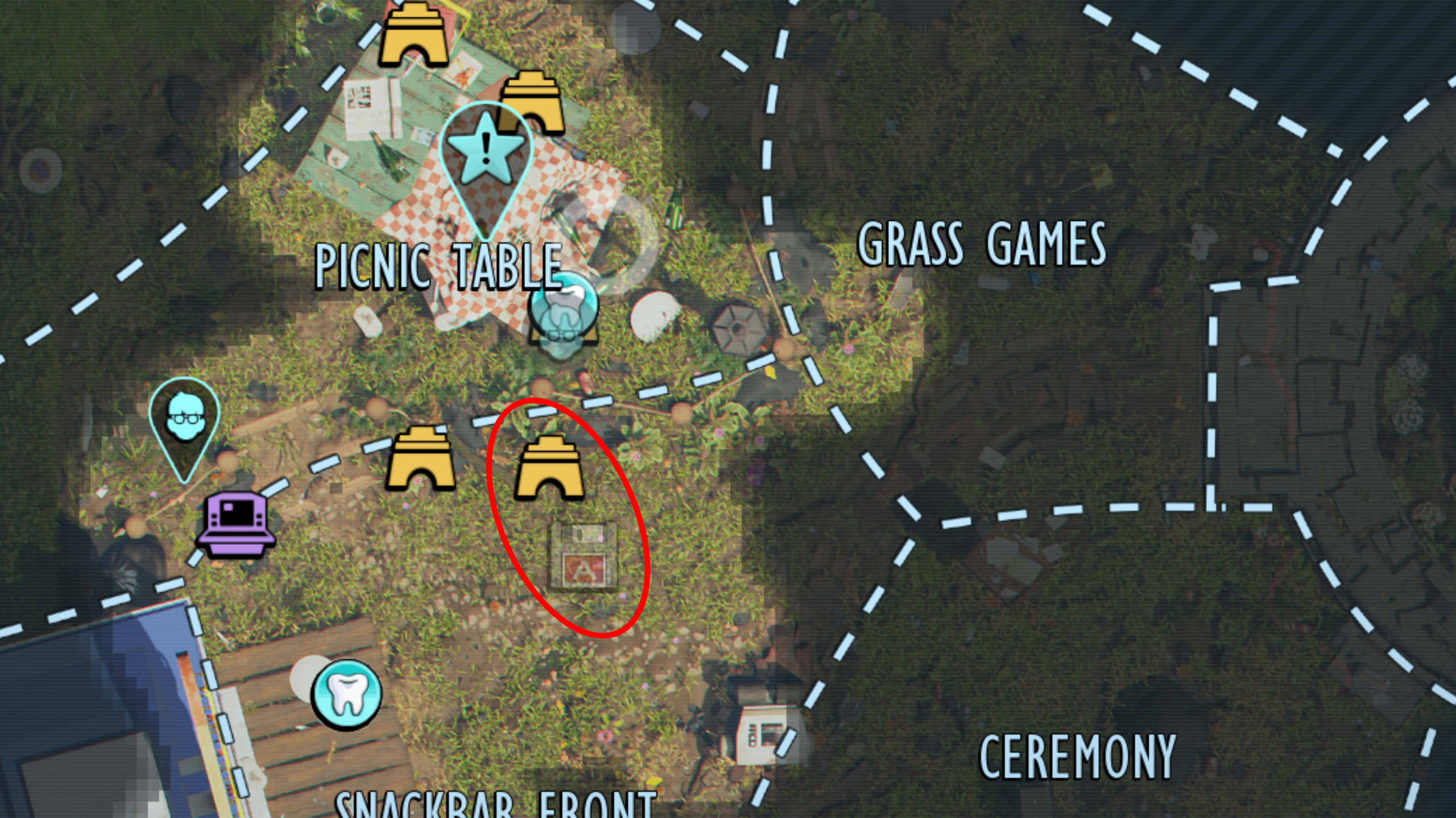 Grounded 2 missing optical disk locations: A map with a red oval highlighting the location of the Toxic Anthill in the north of Snackbar Front.