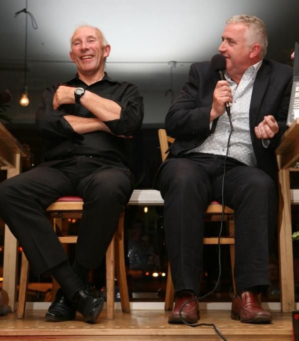 Phil Liggett shares a laugh with Jeremy Whittle.