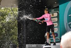 Elisa Balsamo (Trek-Segafredo) celebrates wearing the maglia rosa after winning stage two of the 2022 Giro Donne
