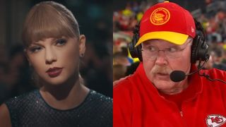 Taylor Swift in "Delicate" music video, Andy Reid giving ESPN interview.