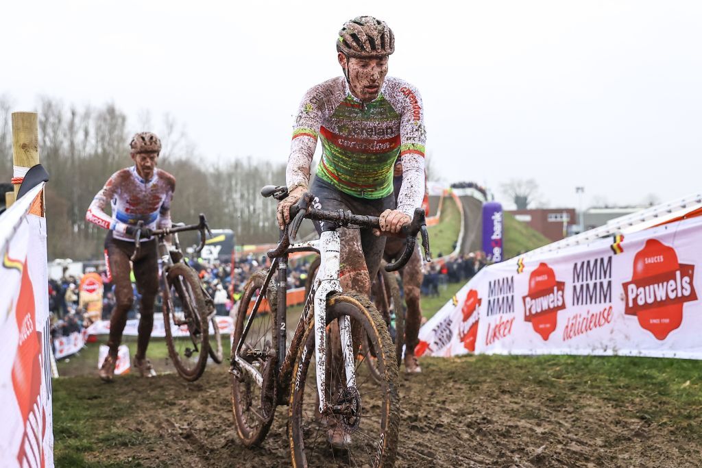 Belgian Joran Wyseure pictured in action during the elite men race, at the Belgian Championships cyclocross cycling in Meulebeke, on Sunday 14 January 2024.
BELGA PHOTO DAVID PINTENS (Photo by DAVID PINTENS / BELGA MAG / Belga via AFP)