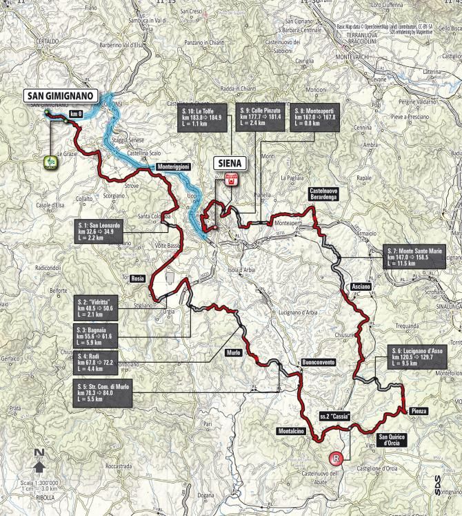 The map of the 2015 Strade Bianche men's race