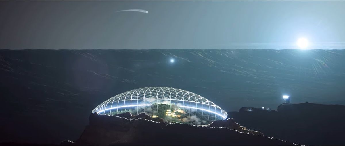 A still from a SpaceX video animation of the company's Starship rocket and Super Heavy booster launching astronauts to Mars, a trip that includes orbital refilling and booster landings.