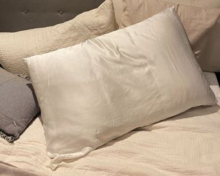 Cream colored silk pillowcase on bed