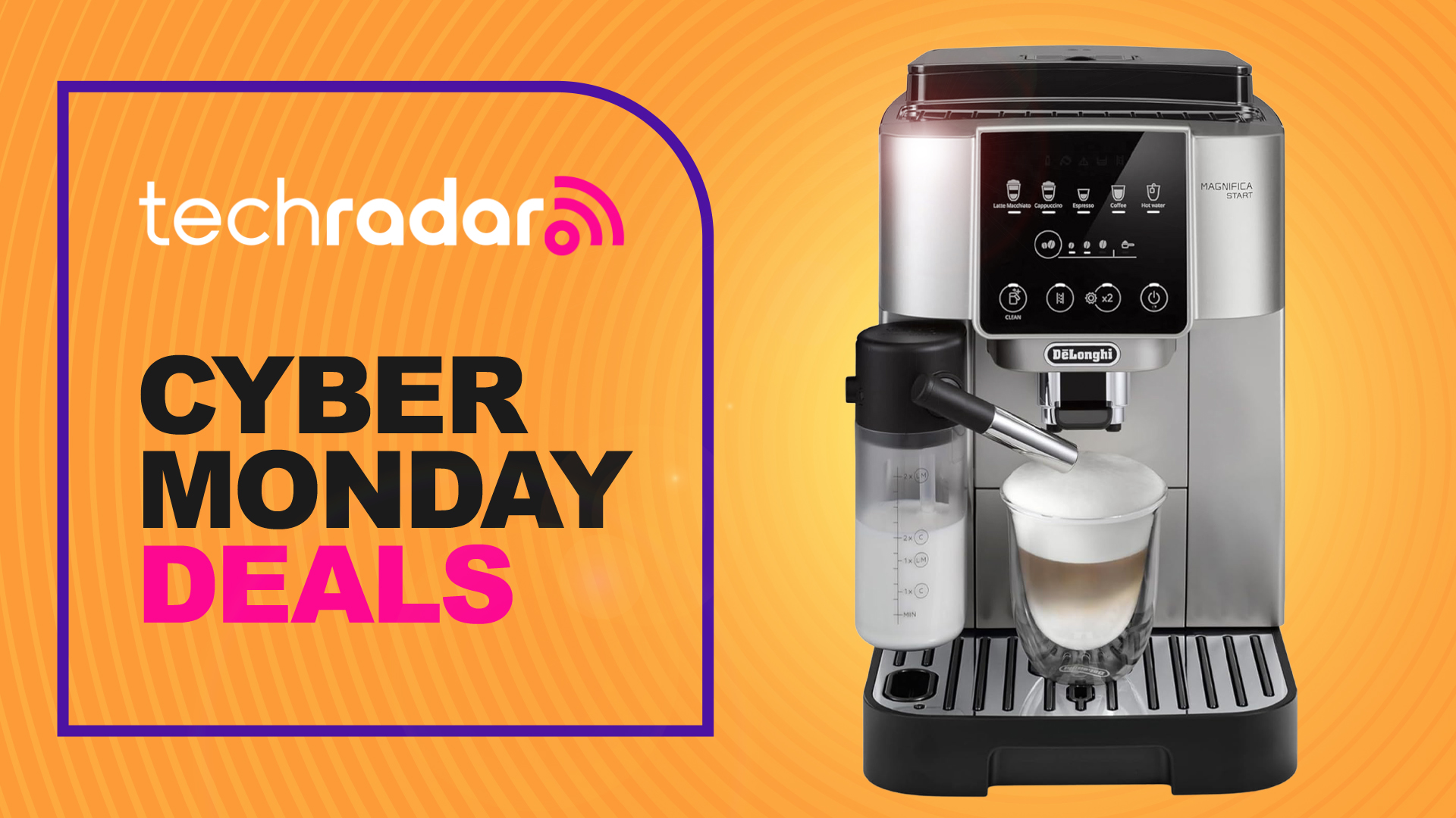 De&#039;Longhi coffee maker on orange background with text &#039;TechRadar Cyber Monday deals&#039;