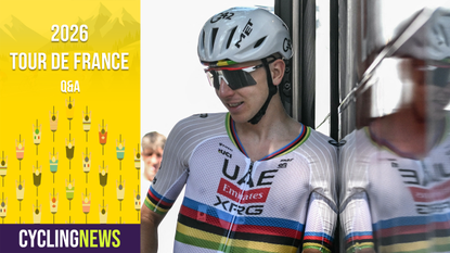 Tadej Pogacar portrait overlaid with Tour de France banner