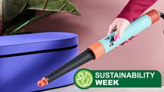 Person holding Dyson Airwrap i.d. styler, with Sustainability week logo overlaid