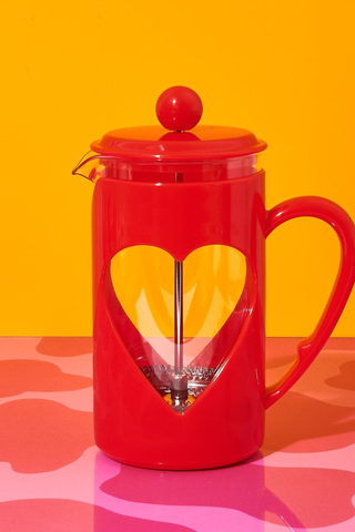 red French press with a heart on it